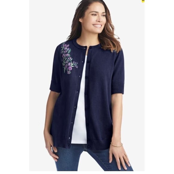 Woman Within Perfect Elbow-Length Sleeve Cardigan Navy Flower Plus Size 2X - Picture 1 of 11